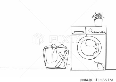 Single one line drawing above the front loading washing machine there is plant pot. Dirty clothes that have not been washed. Interior. National Laundry Day. Continuous line design graphic illustration 122099178