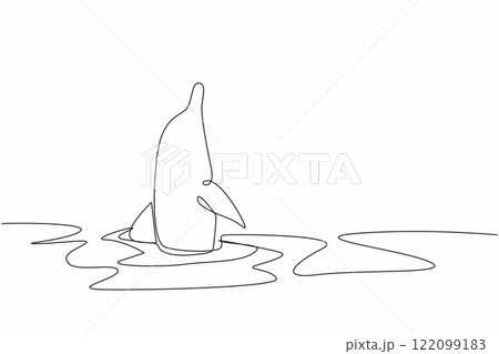 Single one line drawing a dolphin with half its body out of the water. Animal habits. Entertainment for humans who see. Attraction. National Dolphin Day. Continuous line design graphic illustration 122099183
