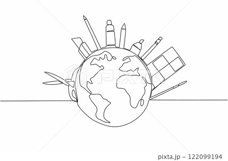 Single one line drawing various art tools around the globe. Art makes life in the world colorful. Pleasant. Excitement. Channeling hobbies. World Art Day. Continuous line design graphic illustration Single one line drawing various art tools around the globe. Art makes life in the world colorful. Pleasant. Excitement. Channeling hobbies. World Art Day. Continuous line design graphic illustration 122099194