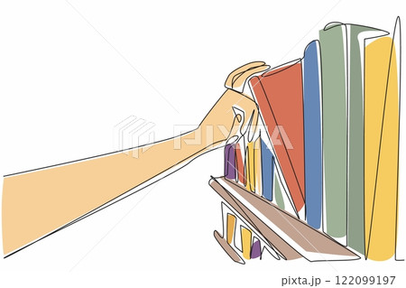 Single one line drawing hand takes one of the books from bookshelf full of books. The librarian carries out his duties. Literacy. National Librarian Day. Continuous line design graphic illustration 122099197