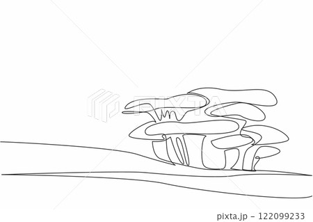 Continuous one line drawing blue hat oyster mushroom on mossy tree trunk. As additional ingredient in cooking. Adding flavor to broth. Day of the Mushroom. Single line draw design vector illustration Continuous one line drawing blue hat oyster mushroom on mossy tree trunk. As additional ingredient in cooking. Adding flavor to broth. Day of the Mushroom. Single line draw design vector illustration 122099233