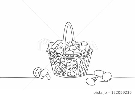 Continuous one line drawing woven basket containing piles of various types of mushrooms. Harvest with abundant and satisfying results. Day of the Mushroom. Single line draw design vector illustration 122099239