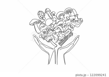 Continuous one line drawing 2 hands holding several variants of heart-shaped mushrooms. Symbol of connoisseur of stir-fried mushrooms. Day of the Mushroom. Single line draw design vector illustration 122099241