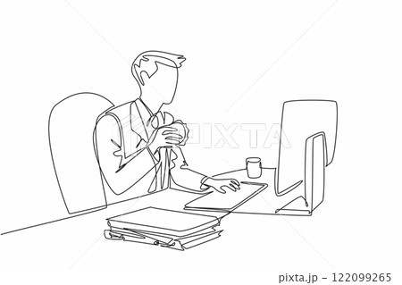 Continuous one line drawing businessman typing on keyboard while holding burger in one hand. Making meeting slides while having breakfast. Deskfast Day. Single line draw design vector illustration 122099265