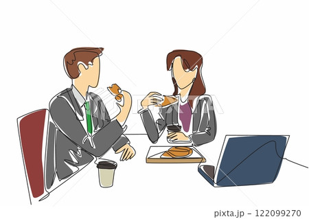 Single one line drawing businessman and businesswoman are eating pizza at the office table. Ordering food. Discussing work. National Make Lunch Count Day. Continuous line design graphic illustration 122099270