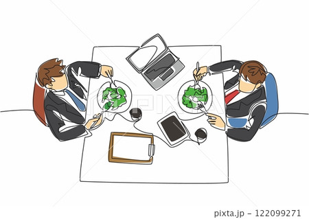 Single continuous line drawing two businessmen are eating at the dining table. Preparing for a meeting while having lunch. Important. National Make Lunch Count Day. One line design vector illustration 122099271