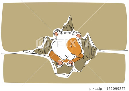 Single continuous line drawing hamster head and legs come out of the cardboard hole. Tear the cardboard to escape to play outside the box. Cute. World Hamster Day. One line design vector illustration 122099273