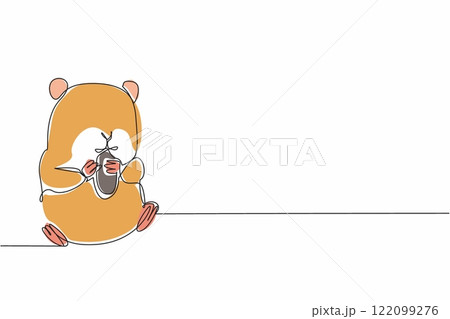 Continuous one line drawing hamster eating sunflower seeds. Eat the favorite food. Eat heartily. Adorable animal behavior. Fluffy fauna. World Hamster Day. Single line draw design vector illustration 122099276