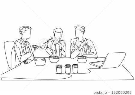 Single continuous line drawing businessman and businesswoman sitting together eating salad at the office table. Snacking together. National Make Lunch Count Day. One line design vector illustration Single continuous line drawing businessman and businesswoman sitting together eating salad at the office table. Snacking together. National Make Lunch Count Day. One line design vector illustration 122099293