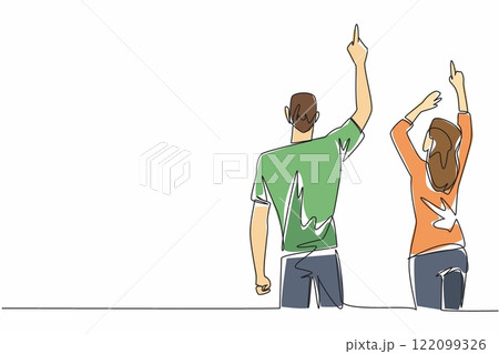 Continuous one line drawing rear view, a woman and a man in casual clothes, their hands pointing upwards. Beautiful spring. Aurora. Look Up at The Sky Day. Single line draw design vector illustration 122099326