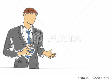 Single continuous line drawing a businessman sprays perfume on the palm of his hand. A masculine scent that is so noticeable. Self-confident. National Perfume Day. One line design vector illustration 122099329