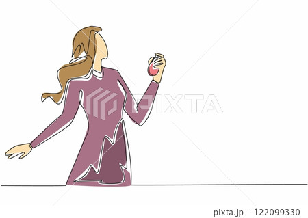 Single one line drawing a businesswoman sprays perfume on her neck. Spray on warm spots to release long-lasting scent. Fashionable. National Perfume Day. Continuous line design graphic illustration 122099330