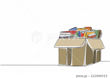 Continuous one line drawing cardboard box containing books. Arranged very neatly before being donated. Share with pleasure. National Donate a Book Day. Single line draw design vector illustration Continuous one line drawing cardboard box containing books. Arranged very neatly before being donated. Share with pleasure. National Donate a Book Day. Single line draw design vector illustration 122099333