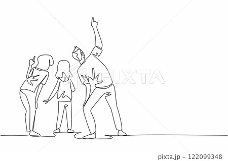 Continuous one line drawing a family gathered as the father pointed upwards. At dawn. Showing the morning star. Venus. Amazing view. Look Up at The Sky Day. Single line draw design vector illustration 122099348
