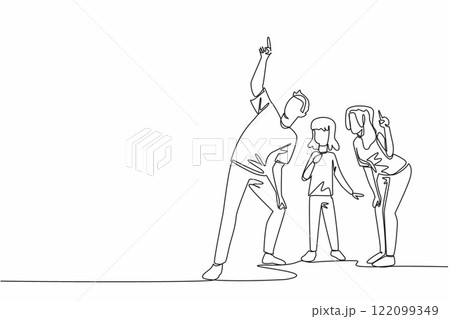 Single continuous line drawing a family gathered as the father pointed upwards. The father showed a beautiful object far up there. Amazing. Look Up at The Sky Day. One line design vector illustration 122099349