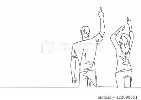 Continuous one line drawing rear view, a woman and a man in casual clothes, their hands pointing upwards. Beautiful spring. Aurora. Look Up at The Sky Day. Single line draw design vector illustration 122099351