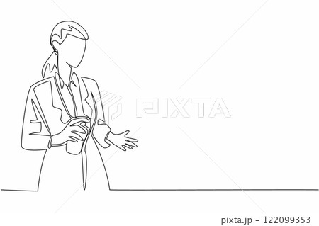 Continuous one line drawing a business woman sprays perfume on the palm of her hand. Gives off a very calming aroma. Stress reliever. National Perfume Day. Single line draw design vector illustration 122099353