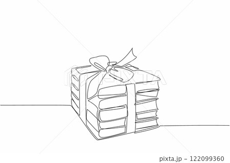 Single one line drawing 5 stacks of books tied with ribbon. Attractively packaged. Providing the best books. Increase knowledge. National Donate a Book Day. Continuous line design graphic illustration 122099360