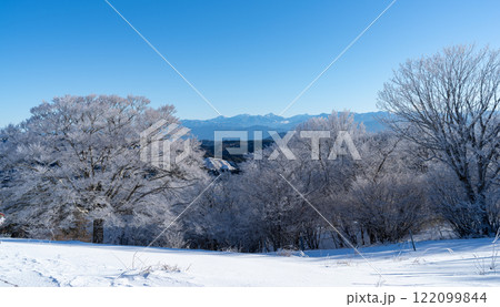 霧氷した木々と冠雪した南アルプスの山々 霧氷した木々と冠雪した南アルプスの山々 122099844