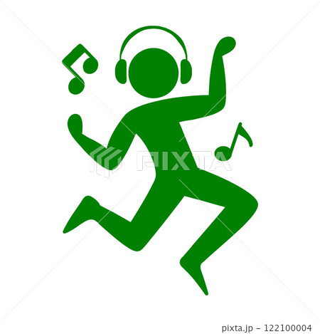 ヘッドホンで音楽を聴きながらノリノリで踊っている人のピクトグラム風イラスト　透過背景の切り抜き 122100004