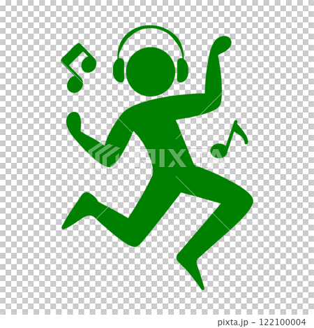 ヘッドホンで音楽を聴きながらノリノリで踊っている人のピクトグラム風イラスト　透過背景の切り抜き 122100004