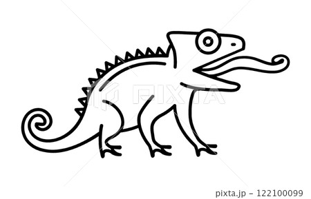 舌を伸ばしているカメレオンの線画イラスト　透過背景の切り抜き 122100099
