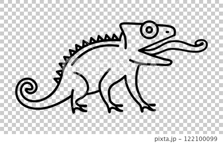 舌を伸ばしているカメレオンの線画イラスト　透過背景の切り抜き 122100099