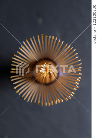 Closeup of Chasen or Bamboo whisk, an equipment for preparing matcha green tea. 122100230
