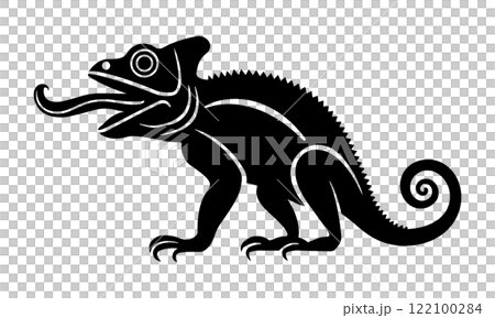 舌を伸ばしているカメレオンの黒いシルエットイラスト　透過背景の切り抜き 122100284