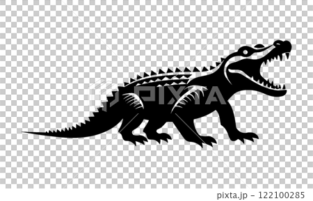 Black silhouette illustration of a crocodile with its mouth open, cut out on a transparent background Black silhouette illustration of a crocodile with its mouth open, cut out on a transparent background 122100285