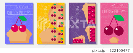 National Cherry Pie Day. Pie top view. Cooked tasty round food pastry pie desserts exact vector, cherry pie. 122100477