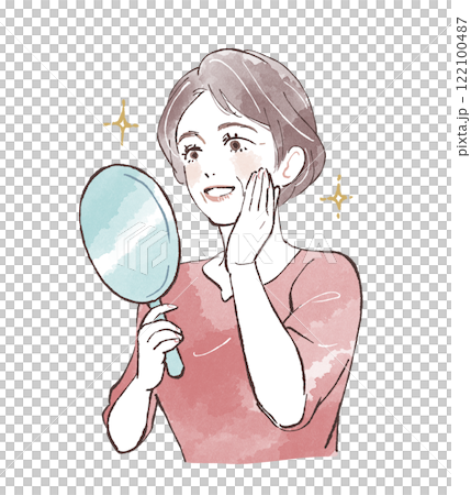 A woman smiling while checking the condition of her skin with a hand mirror 122100487