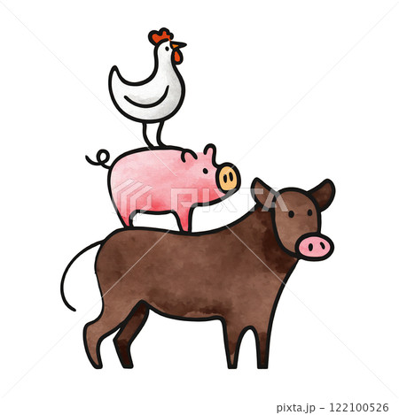 牛と豚と鶏のタワーの手描きカラーイラスト 食肉のコンセプト 透過背景の切り抜き 牛と豚と鶏のタワーの手描きカラーイラスト 食肉のコンセプト 透過背景の切り抜き 122100526