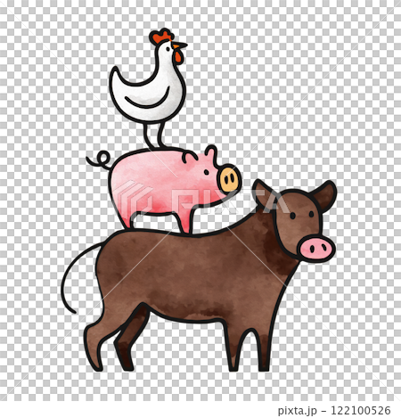 牛と豚と鶏のタワーの手描きカラーイラスト 食肉のコンセプト 透過背景の切り抜き 牛と豚と鶏のタワーの手描きカラーイラスト 食肉のコンセプト 透過背景の切り抜き 122100526