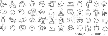 ベクターでモノクロのストレスに関する線画アイコンセット ベクターでモノクロのストレスに関する線画アイコンセット 122100567