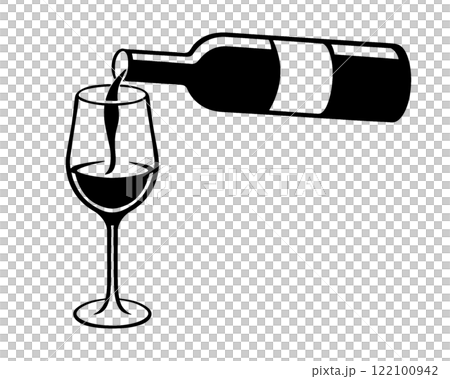Silhouette illustration of the moment wine is poured from a wine bottle into a glass, cut out on transparent background 122100942