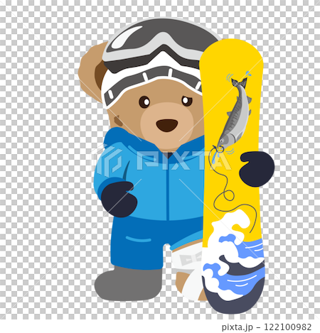 スノーボードでけがをしたクマのぬいぐるみのイラスト 122100982