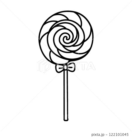 棒付きの渦巻きのペロペロキャンディの線画イラスト　透過背景の切り抜き 122101045