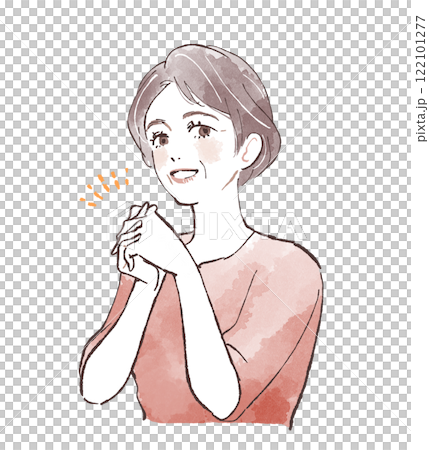 A woman with a happy expression and folded hands A woman with a happy expression and folded hands 122101277