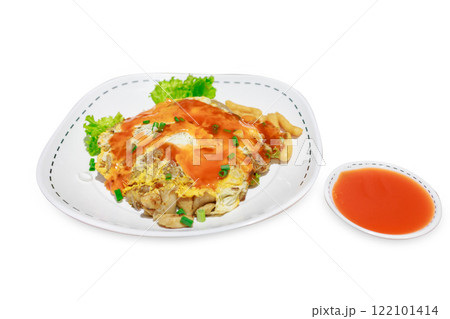 Top view of Stir-fried Rice Noodles with Chicken, focus selective 122101414