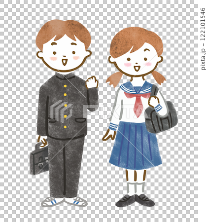 Illustration of male and female students wearing uniforms (gakuran, sailor suit) 122101546