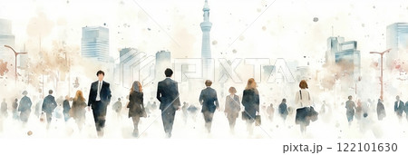 東京の通勤や通学の日常風景を描いた水彩アート 東京の通勤や通学の日常風景を描いた水彩アート 122101630