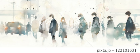 水彩画で描かれる東京の通勤風景 122101631