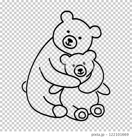 一隻大泰迪熊深情擁抱一隻小泰迪熊的線條畫插圖，在透明背景上剪下 122101669