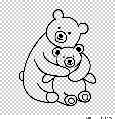 一隻大泰迪熊深情擁抱一隻小泰迪熊的線條畫插圖，在透明背景上剪下 122101670