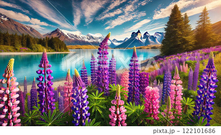 湖畔に咲くルピナス 122101686