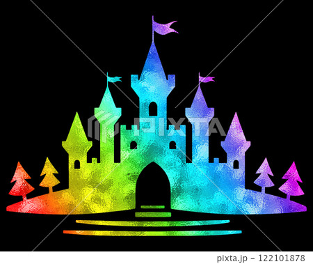 メルヘンチックな城の虹色グラデーションのシルエットイラスト　黒背景の切り抜き 122101878