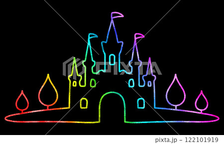 メルヘンチックな城の虹色グラデーションの線画イラスト　黒背景の切り抜き 122101919