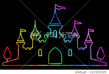 メルヘンチックな城の虹色グラデーションの線画イラスト　黒背景の切り抜き 122101920