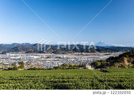 静岡県島田市から眺めるお茶畑と富士山 静岡県島田市から眺めるお茶畑と富士山 122102050